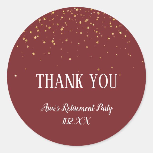 Gold Confetti on Burgundy Thank You Favor Classic Round Sticker (Front)