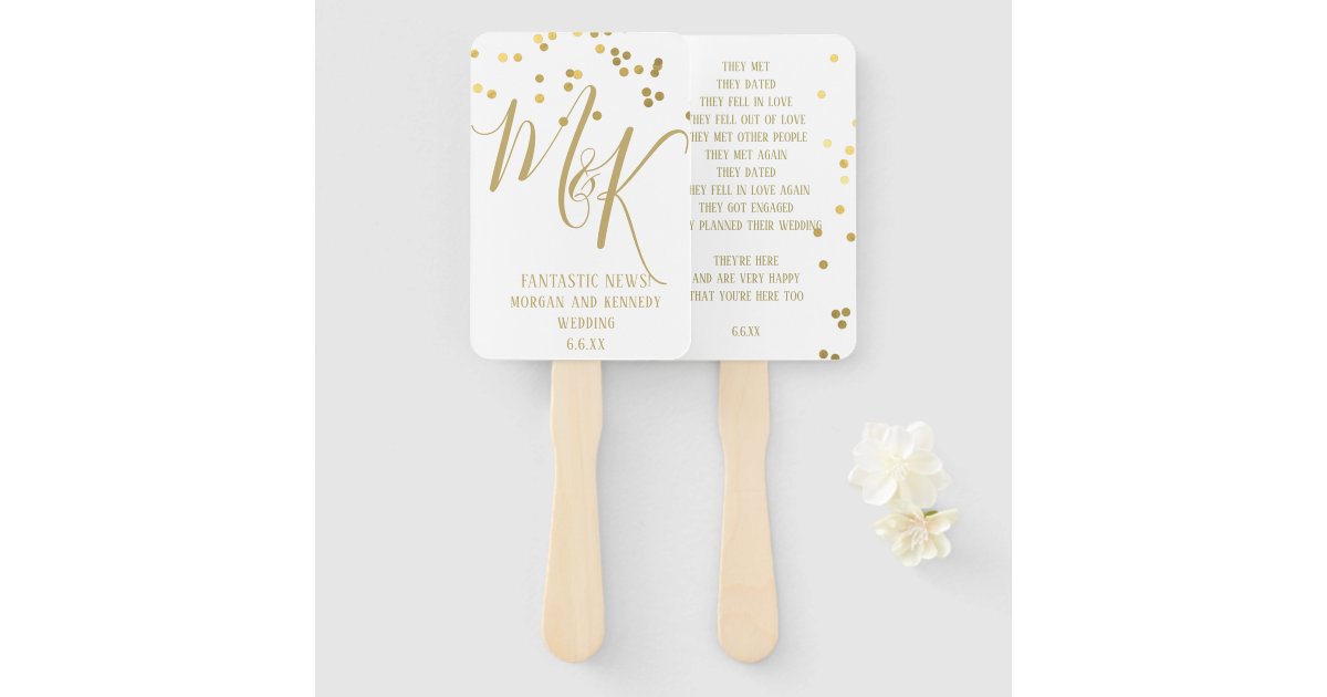 Gold confetti on ecru wedding program hand fans zazzle