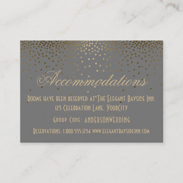 Gold Confetti on Gray Wedding Accommodation Cards (Front)