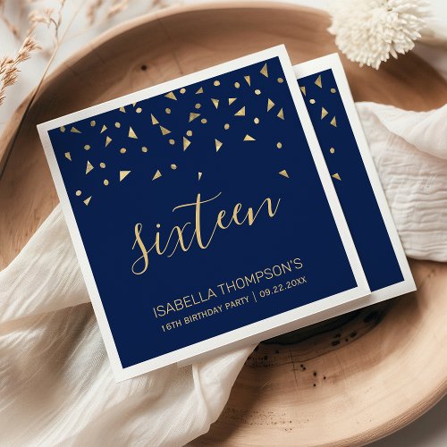 Gold Confetti on Navy Blue 16th Birthday Party Napkins