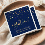 Gold Confetti on Navy Blue 18th Birthday Party Napkins<br><div class="desc">Help them celebrate their 18th birthday in style with this simple but elegant design, featuring faux gold triangular confetti sifting down on the word "eighteen" in stylish gold handwriting font on a navy blue background. Personalize it with the name of the honoree in gold sans serif font, along with the...</div>