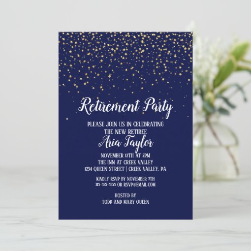 Gold Confetti on Navy Blue Retirement Invitation | Zazzle