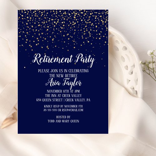 Gold Confetti on Navy Blue Retirement Invitation