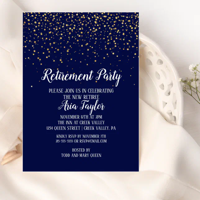 Gold Confetti on Navy Blue Retirement Invitation | Zazzle