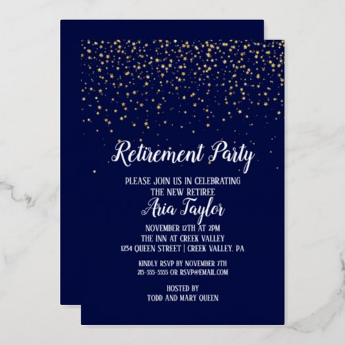 Gold Confetti on Navy Blue Retirement Party Gold Foil Invitation