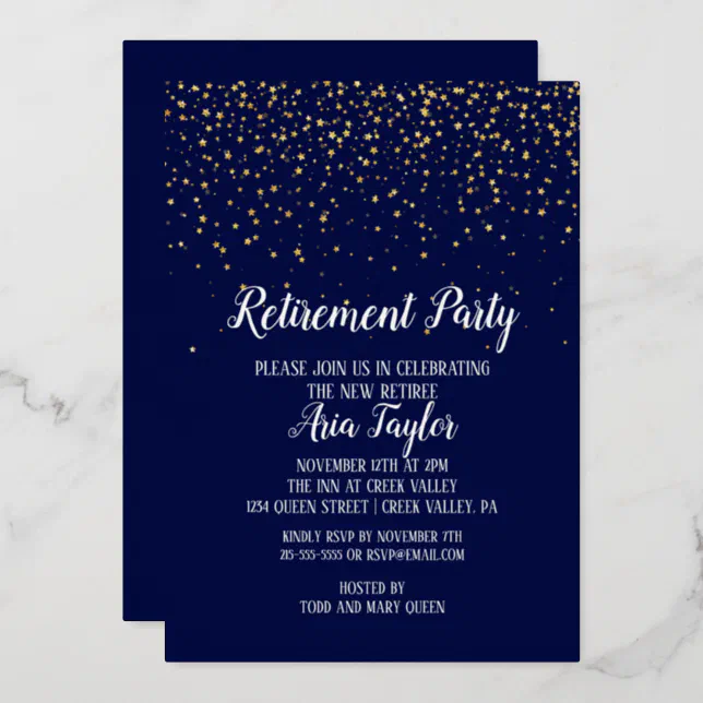 Gold Confetti on Navy Blue Retirement Party Gold Foil Invitation | Zazzle