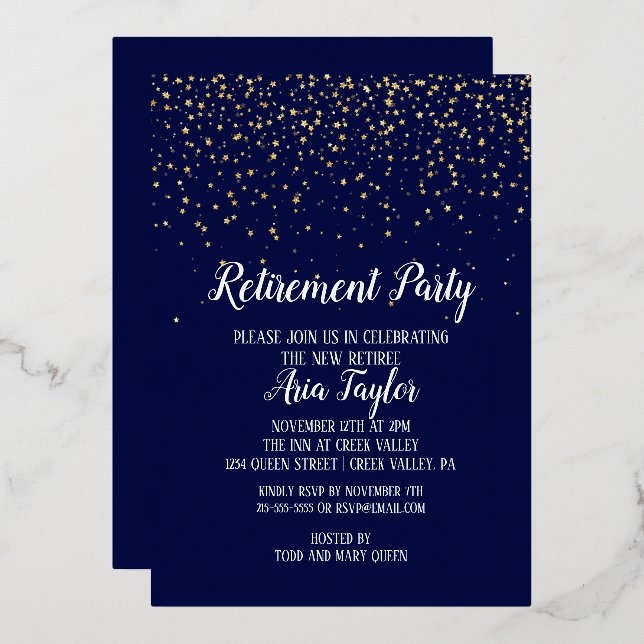 Gold Confetti on Navy Blue Retirement Party Gold Foil Invitation (Front/Back)