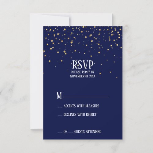 Gold Confetti on Navy Blue RSVP Card