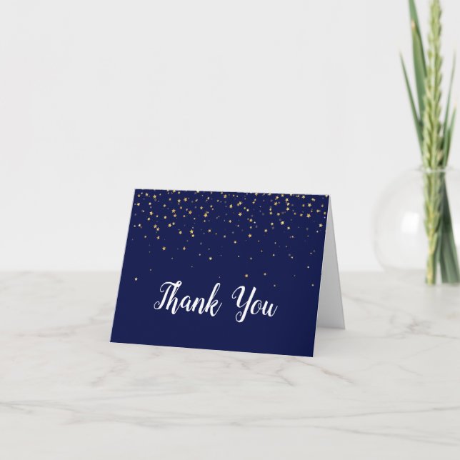 Gold Confetti on Navy Blue Thank You Card (Front)