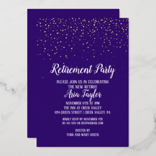Gold Confetti on Purple Retirement Party Gold Foil Invitation