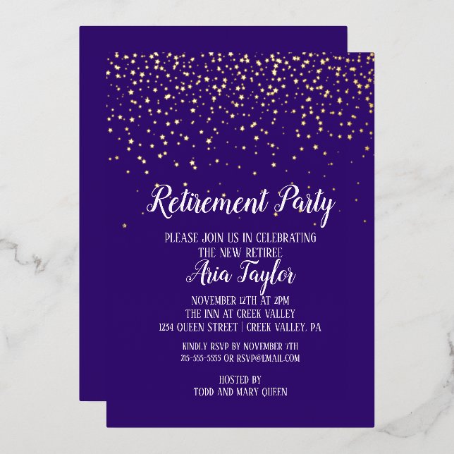 Gold Confetti on Purple Retirement Party Gold Foil Invitation (Front/Back)