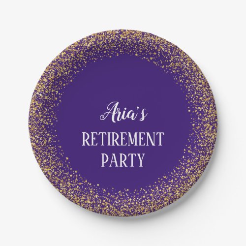Gold Confetti on Purple Retirement Party Plates