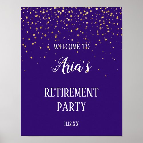 Gold Confetti on Purple Retirement Party Welcome Poster