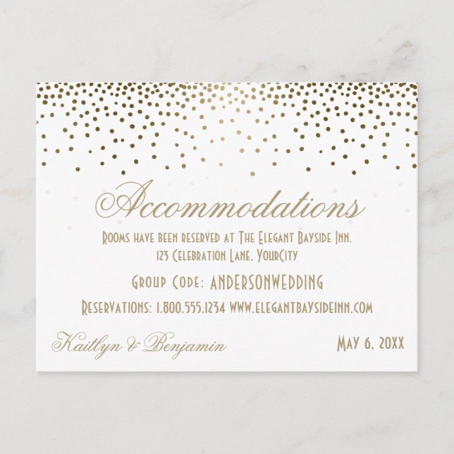 Gold Confetti on White Wedding Accommodation Pos Postcard (Front)
