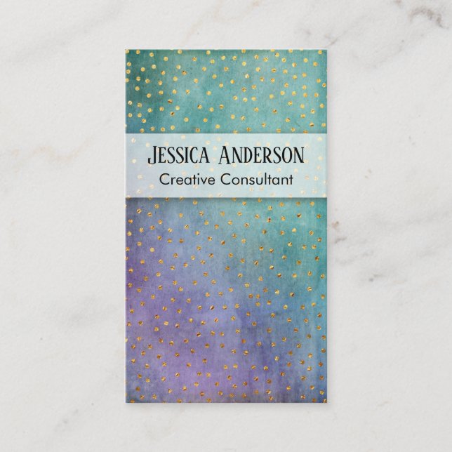 Gold Confetti Over Purple & Teal Grunge Texture Business Card (Front)