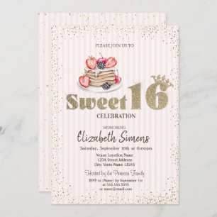Gold Confetti,Pancakes,Striped Sweet 16 Invitation