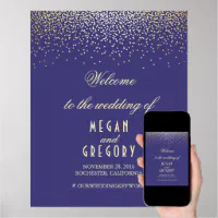 Gold Confetti Particles Navy Wedding Welcome Sign