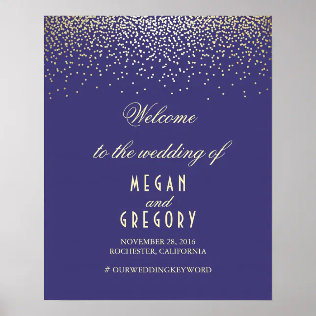 Gold Confetti Particles Navy Wedding Welcome Sign | Zazzle