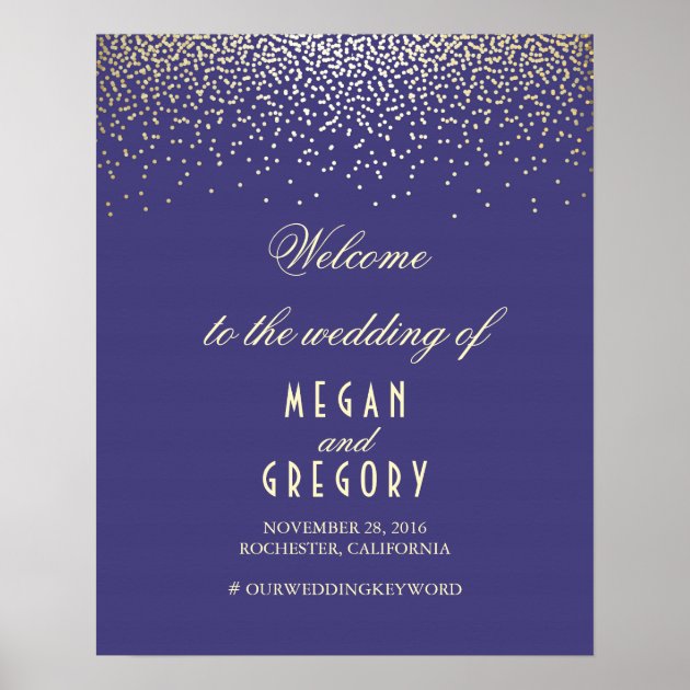 Gold Confetti Particles Navy Wedding Welcome Sign Poster