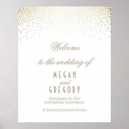 Gold Confetti Particles White Wedding Welcome Sign