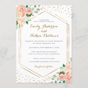 Gold Confetti Peach watercolor floral Wedding Invitation