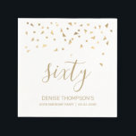 Gold Confetti Personalized 60th Birthday Party Napkins<br><div class="desc">Help them celebrate their 60th birthday in style with this simple but elegant design, featuring faux gold triangular confetti sifting down on the word "sixty" in stylish gold handwriting font. Personalize it with the name of the honoree in gold sans serif font, along with the occasion and date below in...</div>