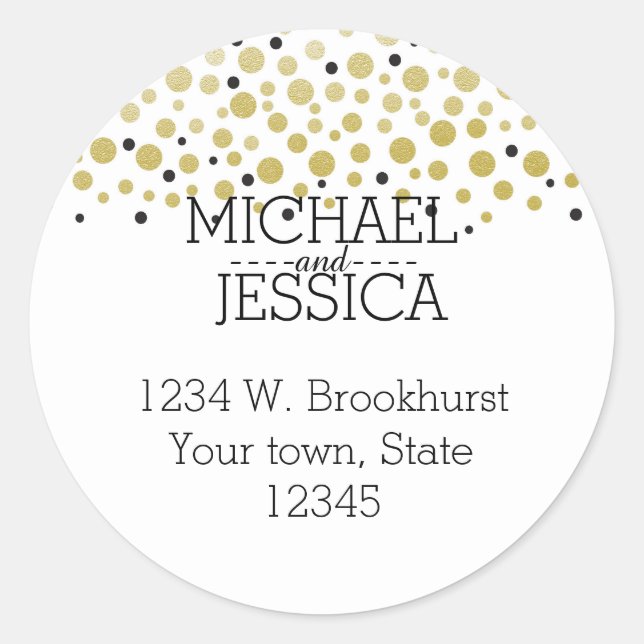 Gold Confetti Personalized  name and address Classic Round Sticker (Front)