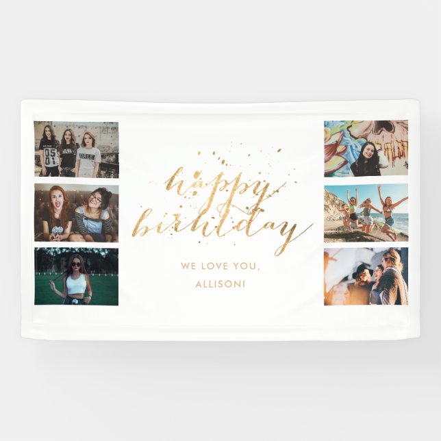 Gold Confetti Photo Collage Birthday Party Banner (Horizontal)