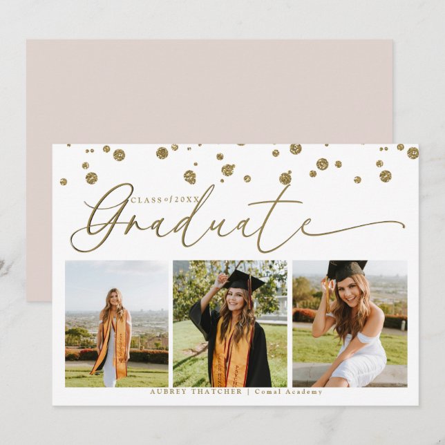 Gold Confetti |  Photo Collage Graduation  Invitation (Front/Back)