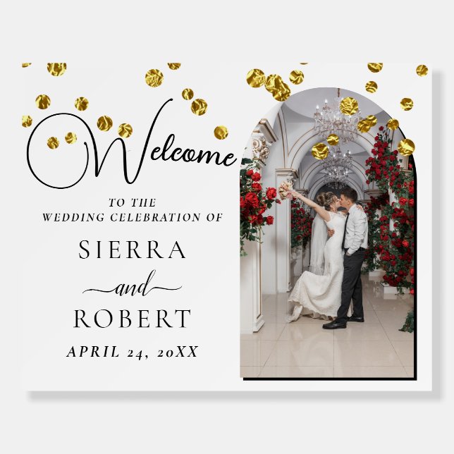 Gold Confetti Photo Wedding Welcome Sign (Front)