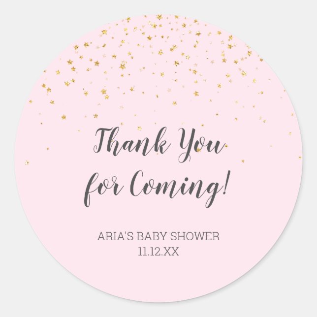 Gold Confetti Pink Baby Shower Favor Classic Round Sticker (Front)
