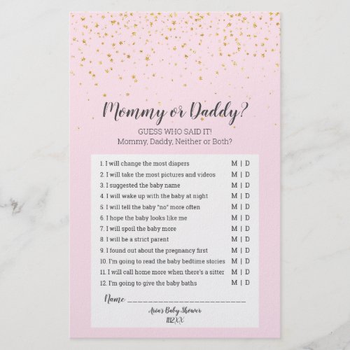 Gold Confetti Pink Baby Shower Mommy or Daddy Game Flyer