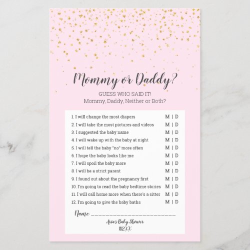 Gold Confetti Pink Baby Shower Mommy or Daddy Game Flyer