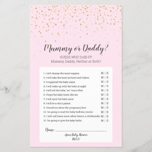 Gold Confetti Pink Baby Shower Mummy or Daddy Game Flyer
