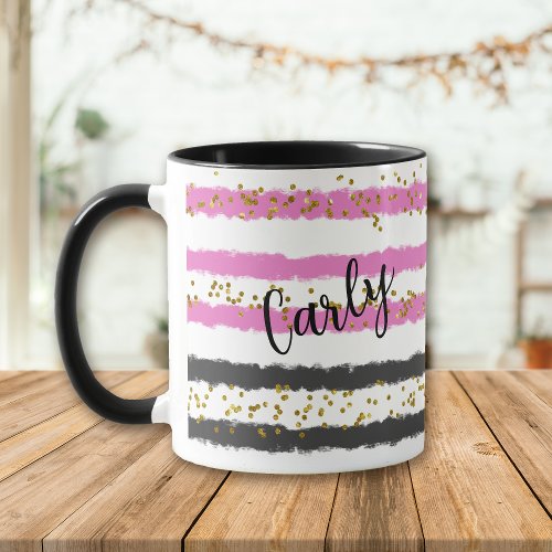Gold Confetti Pink Black Stripes Name Mug