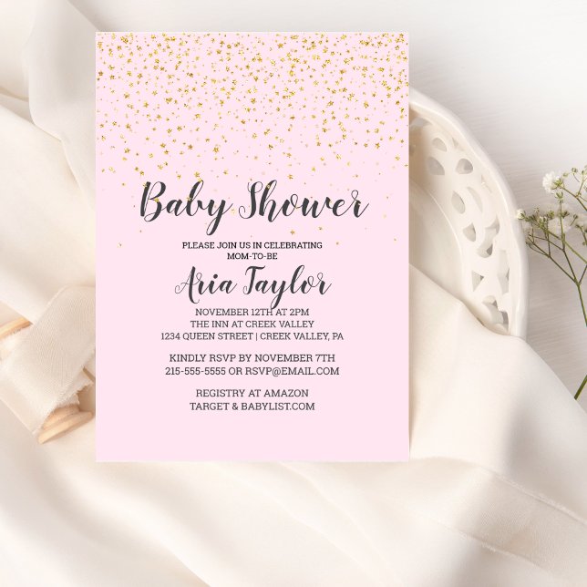 Gold Confetti Pink Calligraphy Baby Shower Invitation (Creator Uploaded)