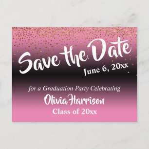 Gold Confetti Pink Graduation Save the Date Postcard