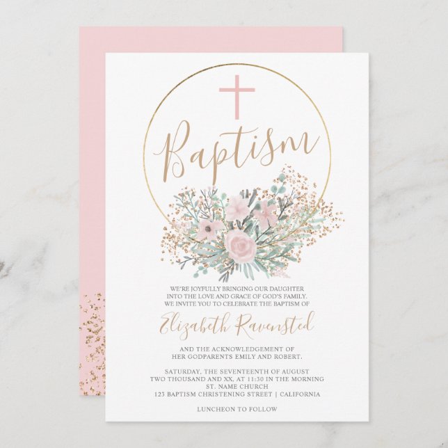 Gold confetti pink green floral watercolor baptism invitation (Front/Back)