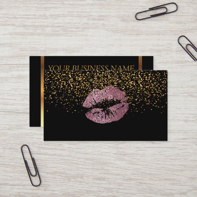 Gold Confetti & Pink Rose Lips Business Card (Front/Back In Situ)