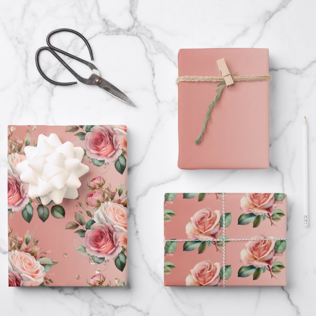 Gold Confetti Pink Roses Floral Bridal Shower Wrapping Paper Sheets (Front)