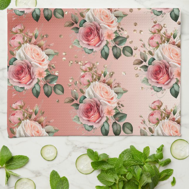 Gold Confetti Pink Roses Floral Kitchen Towel (Folded)