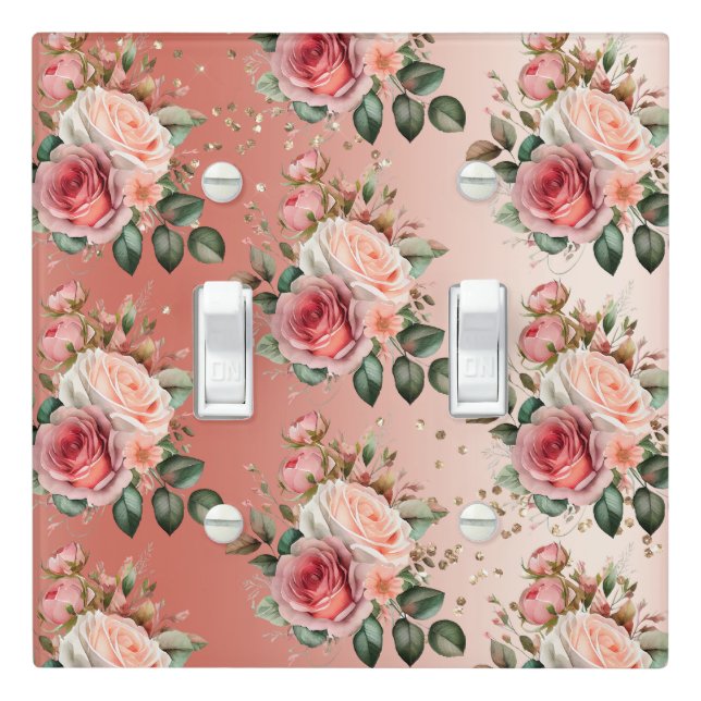 Gold Confetti Pink Roses Floral Light Switch Cover (In Situ)