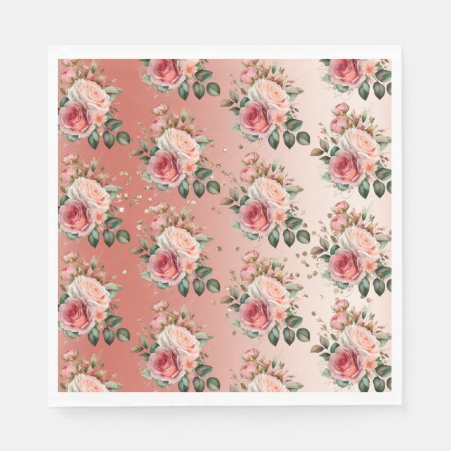 Gold Confetti Pink Roses Floral Napkins (Front)