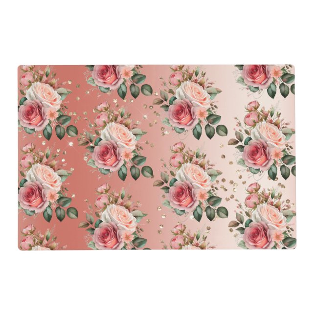 Gold Confetti Pink Roses Floral Placemat (Front)