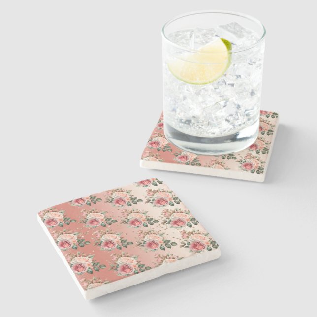 Gold Confetti Pink Roses Floral Stone Coaster (Side)