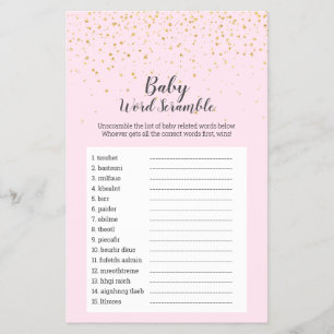 Gold Confetti Pink Shower Baby Word Scramble Game Flyer