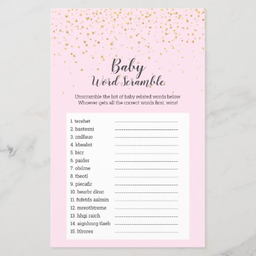 Gold Confetti Pink Shower Baby Word Scramble Game Flyer