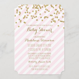 Gold Confetti Pink Stripes Baby Shower Invitations