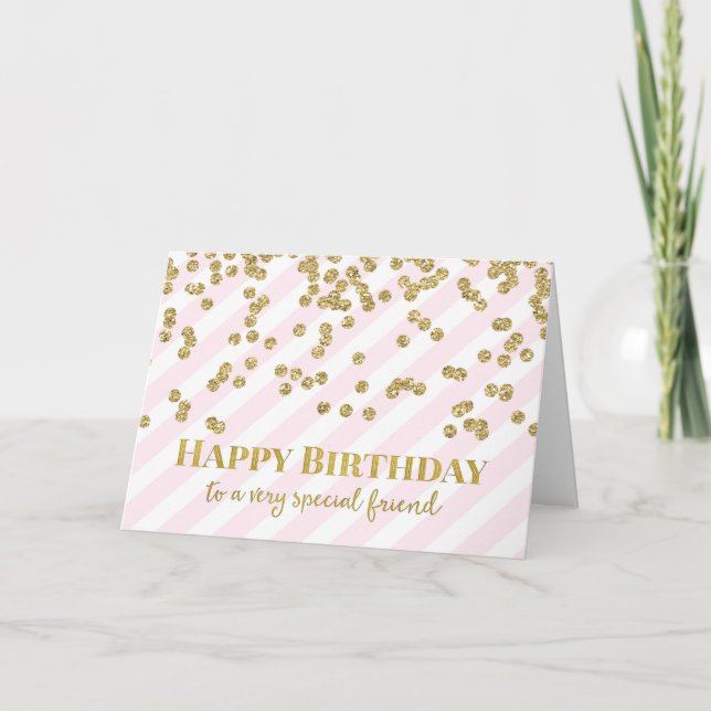 Gold Confetti Pink Stripes Friend Birthday Card (Front)
