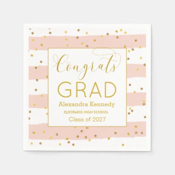 Gold Confetti Pink Stripes Graduation Paper Napkin by IrinaFraser at Zazzle